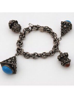 Vintage Sterling Silver Charm Bracelet Etruscan Revival Ornate Tribal Boho